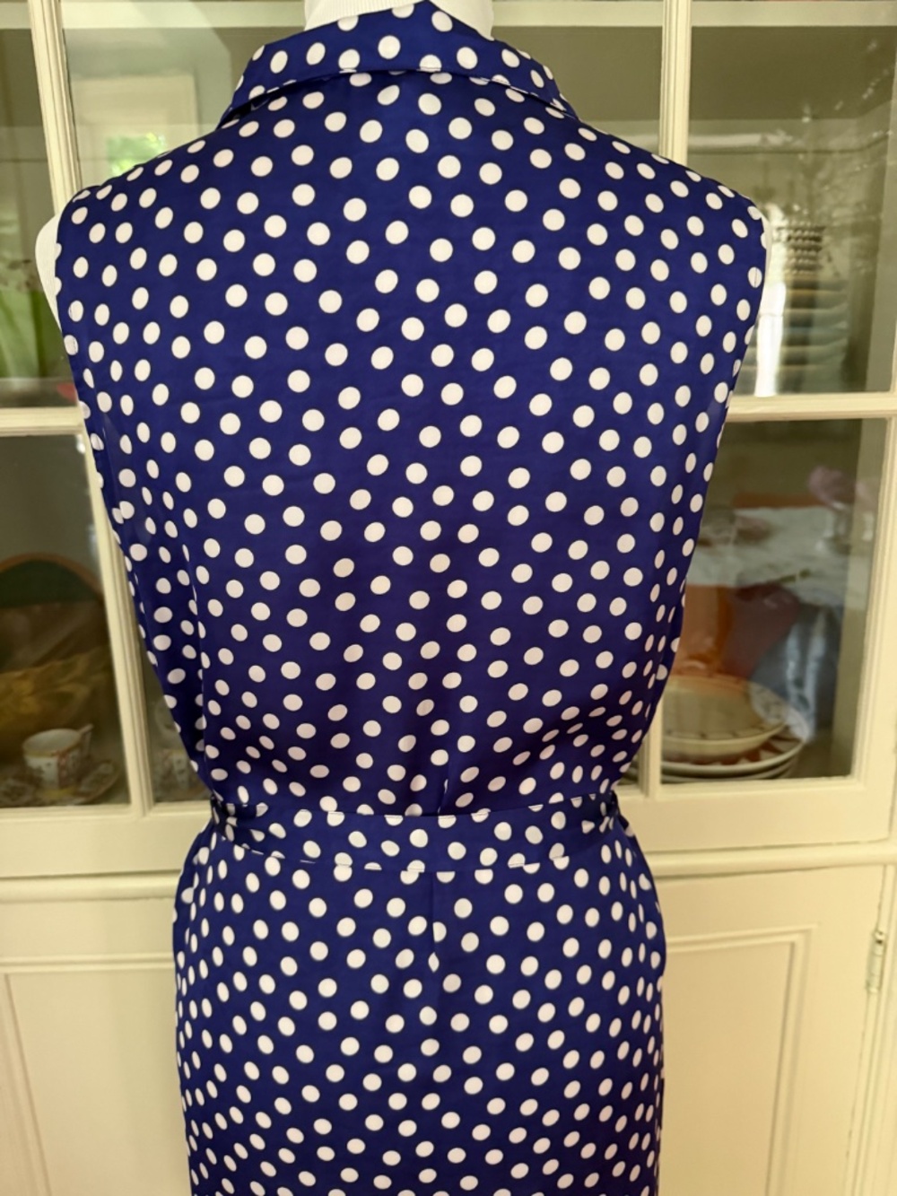 Agnes B. Blue & White Polka Dot Silk Dress, Size 42/US 10, Button Down, Sash - Picture 5 of 8